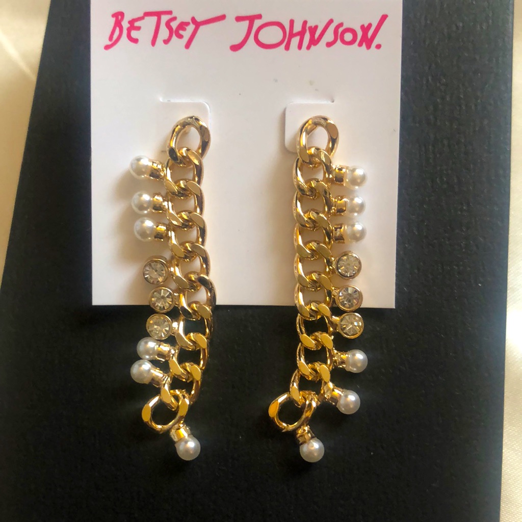 Betsey Johnson Gold Tone Linear Chain Link Drop Earrings With Faux Pearls Nwt